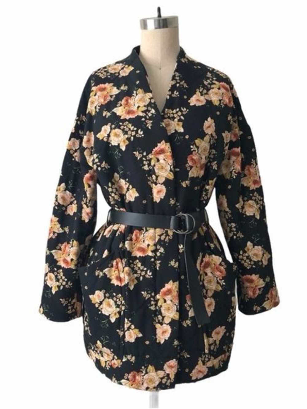 ZARA | Black Quilted Peach & Cream Floral filled Jacket